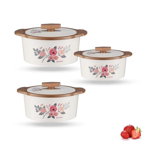 Trueware Floraa Painted Casserole Inner Steel Outer Plastic Airtight Brown Set of 3 600, 800 & 1100 ML BPA Free 100% Food Grade Serving Casserole Ideal for Chapatti Roti Curd Maker Hot Pot