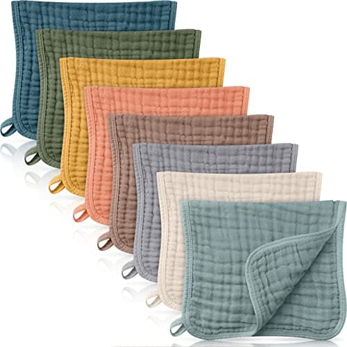 Remagr 8 Packs Muslin Burp Cloths 6 Layers Unisex Baby Items Absorbent Burp Rags Colorful Muslin Washcloths for Baby Plain Soft Cotton Cloth for Babies Girls Boys, 10 x 20 Inch (Beautiful Colors)