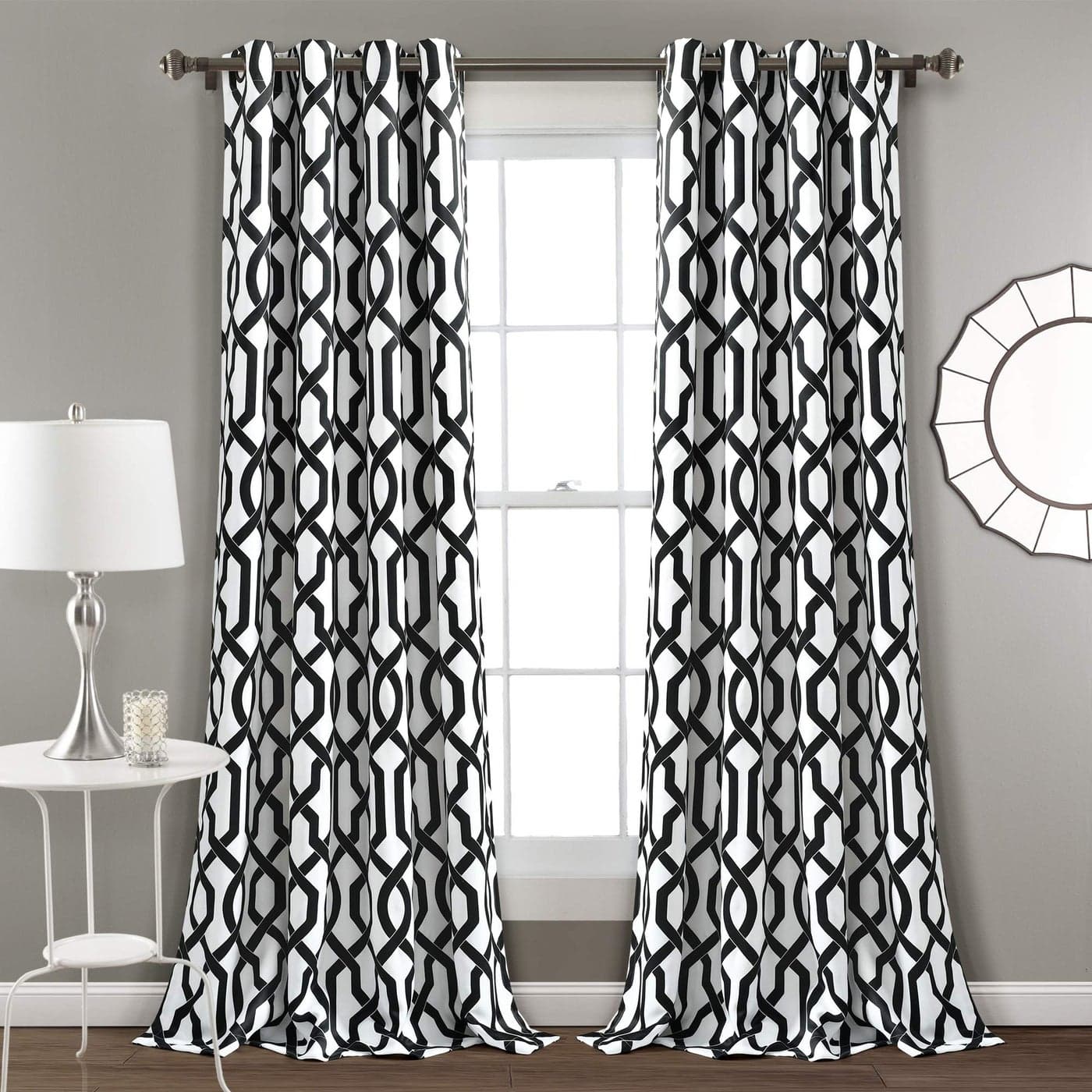 Lush Decor Edward Trellis Curtains Light Filtering Window Panel Set for Living Dining Bedroom Pair Black White 52W x 95L