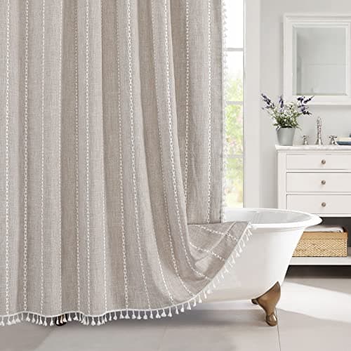 MitoVilla Boho Farmhouse Fabric Shower Curtain, Tan Brown Modern Polyester Linen Shower Curtains for Vintage Rustic Bathroom Decor, Country Tassel Thick Cloth Shower Curtain, Taupe, 72 x 72