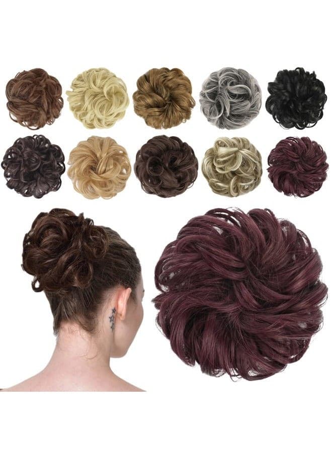 Messy Bun Hair Piece - Elastic Wavy Curly Hair Bun Scrunchies Extensions Synthetic Chignon Hairpieces for Women Girls, Wine Red 1 PCS