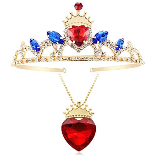 Evie Red Heart Tiara and Necklace Descendant 4 Gold Crown Jewelry Set Queen of Hearts Eive Costume Fan Gift for Teen Party