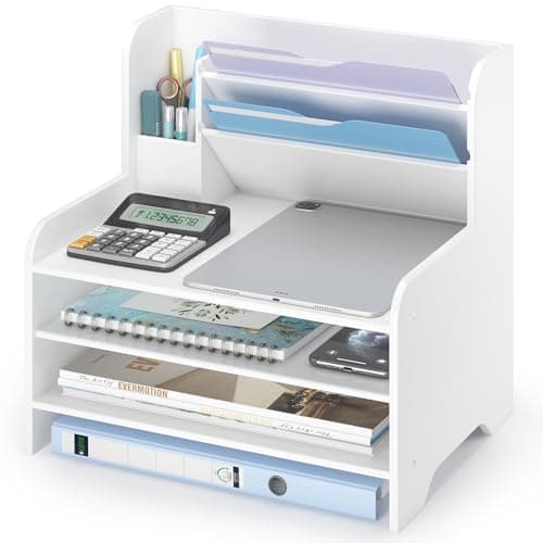 Desk File Organizer 6Tier Desktop Mail Letter Tray Paper Document Organizer with Pen Holder for Home Office Supplies Office Desk Accessories Workspace White