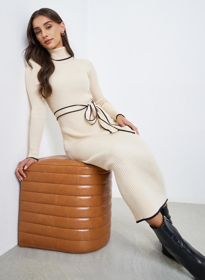 Beige Ribbed Knit Sweater Midi Dress