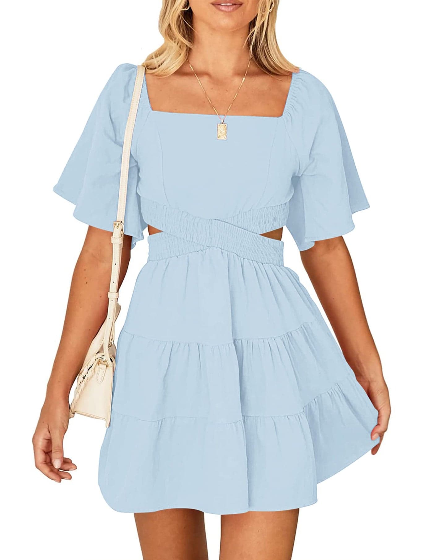 Wimsihal Women's Summer Dresses Square Neck Casual Short Sleeves Crossover Elastic Waist Party Mini Dress Blue S