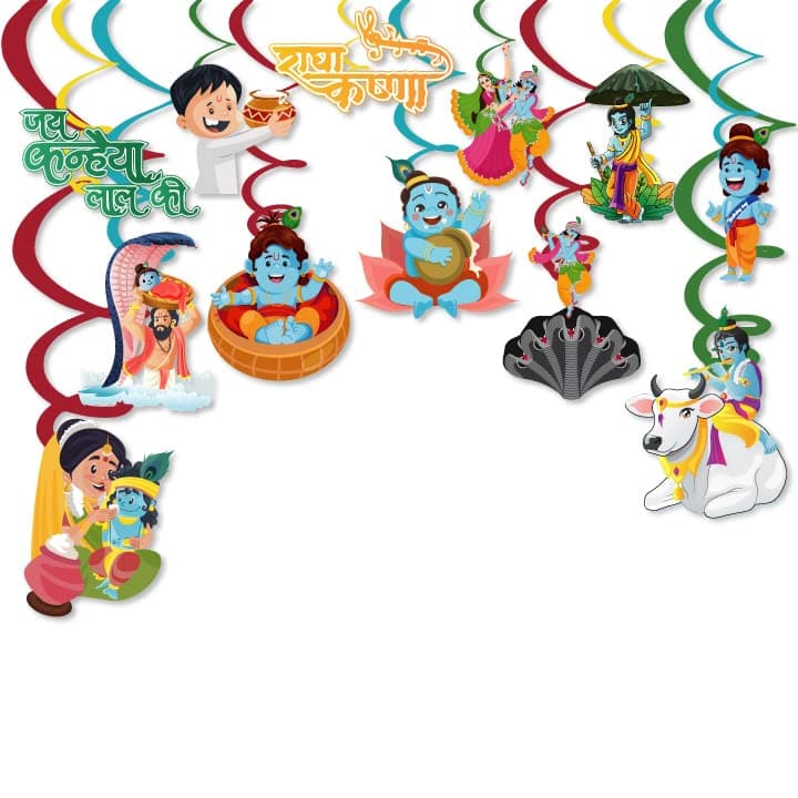 Festiko 12 Pcs Happy Janmashtami Swirls With Cutouts, Hanging Decoration Supplies,Janmashtami Celebration Decoration Supplies, Kid