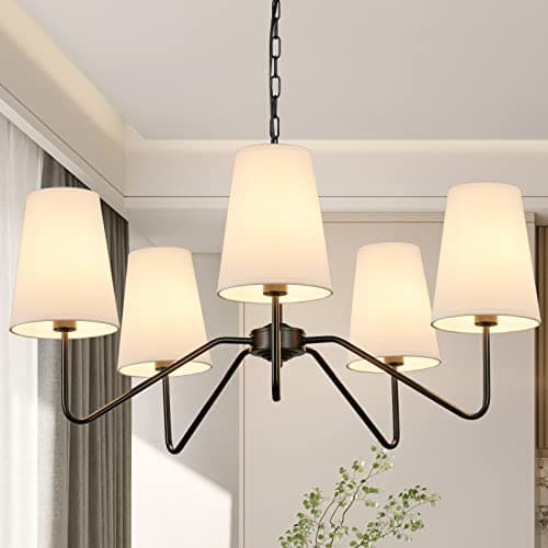 5-Light 30” Modern Chandelier with White Shades, Classic Pendant Ceiling Light Fixture for Dining Room, Black Chandelier with E12 Base Hanging Lamp for Living Room Hallway Bedroom, Height Adjustable