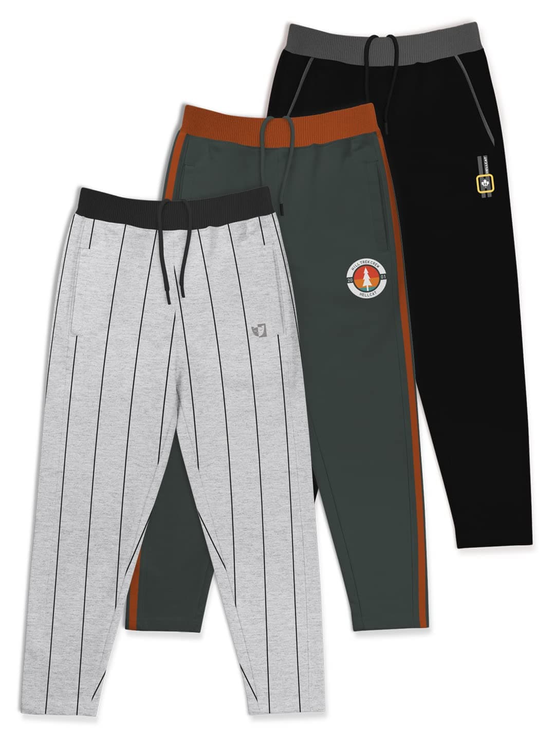 HELLCAT Boys Regular Fit Blended Cotton Stylish Track Mid Rise Pants - Pack of 3-Black/Grey_32(11-12Y), 11-12 Years