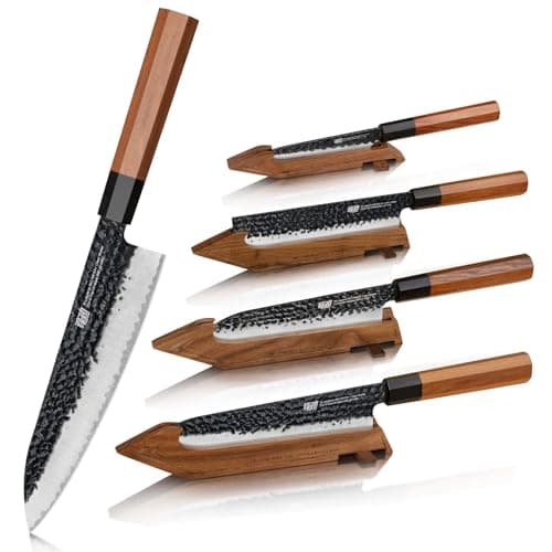 FINDKING Chefs Knives Set and Edge Guards, High Carbon Steel Kitchen Knives, Walnut Knife Holders, for Home Kitchen, Meat, Fruits, Vegetables, Dynasty Series, 8PCS