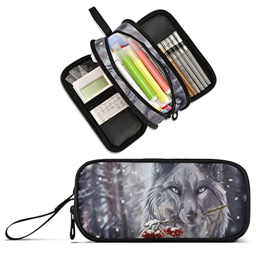 XUWU Wolf Large Capacity Pencil Case Pencil Pouch Office School Large Storage Pen Bag 3 Compartment pencil box for Adults School Teen Girl Boy Men Women