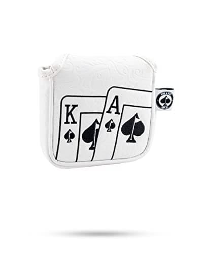 Pins Aces Royal Flush Head Cover Premium HandMade Leather Headcover Ace of Spades Magnetic Closure Tour Quality Golf Club Cover Style and Customize Your Golf Bag Mallet Whiteout