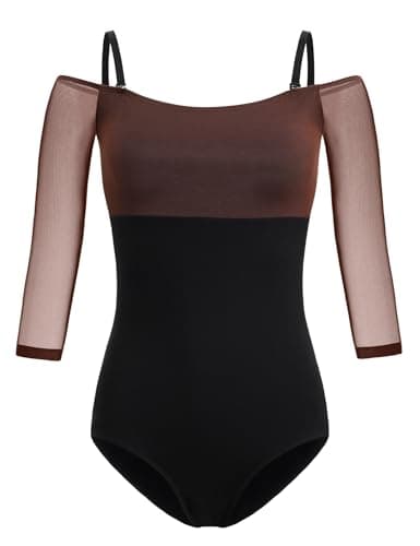 HROYL Womens OfftheShoulder Ballet Leotard with Mesh Panels 34 Sleeve Fitted Dance Top BlackXS