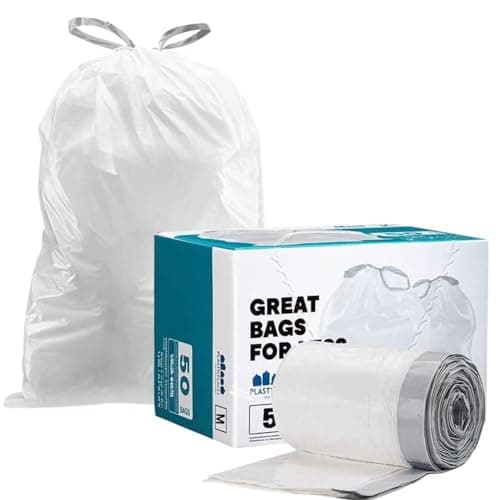 Plasticplace Custom Fit Trash Bags, Compatible with simplehuman Code M (50 Count) White Drawstring Garbage Liners 12 Gallon / 45 Liters, 21" x 30.5"