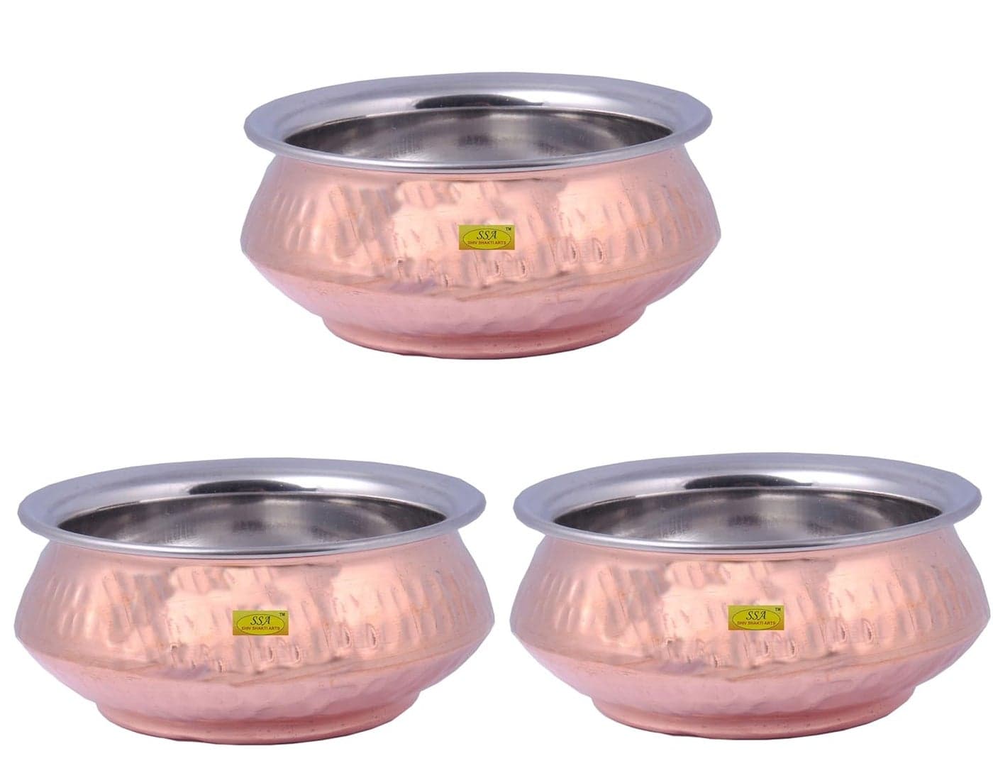 SHIV SHAKTI ARTS Handmade Pure Set of 3 Steel Copper Handi No 1 Volume350 ml Mughlai Design Hammered Design Curved Shape Homeware Hotelware DinnerwareFor Serving Curry Dal Bhaji Sabji Purpose