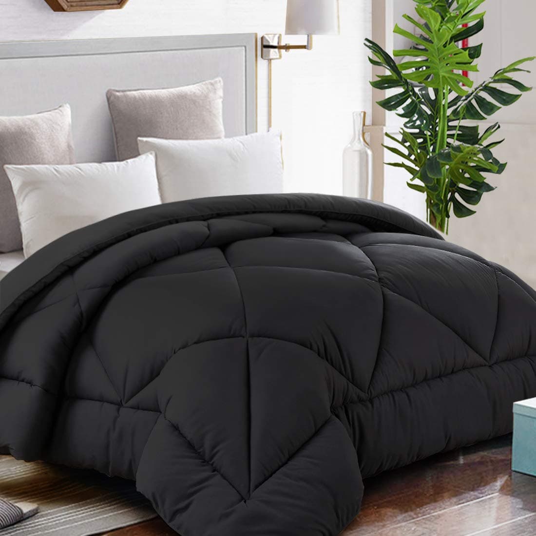 TEKAMON All Season Twin Comforter Winter Warm Summer Soft Quilted Down Alternative Duvet Insert Corner Tabs Machine Washable Luxury Fluffy Reversible Collection for Hotel Black