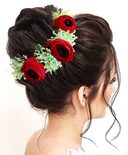 Hair Flare Artificial Rose with Lavender Flower Hair Vein/Bridal Wedding Hair Accessories/Hair Pins/Juda Pins for Women- Red, 2257