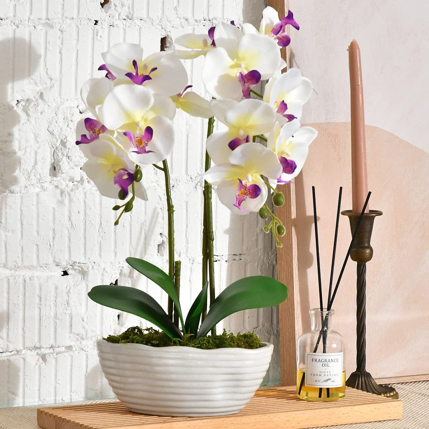 YSZL Large Artificial Potted Orchid Plant Silk Flower Arrangement with Ceramics Vase White