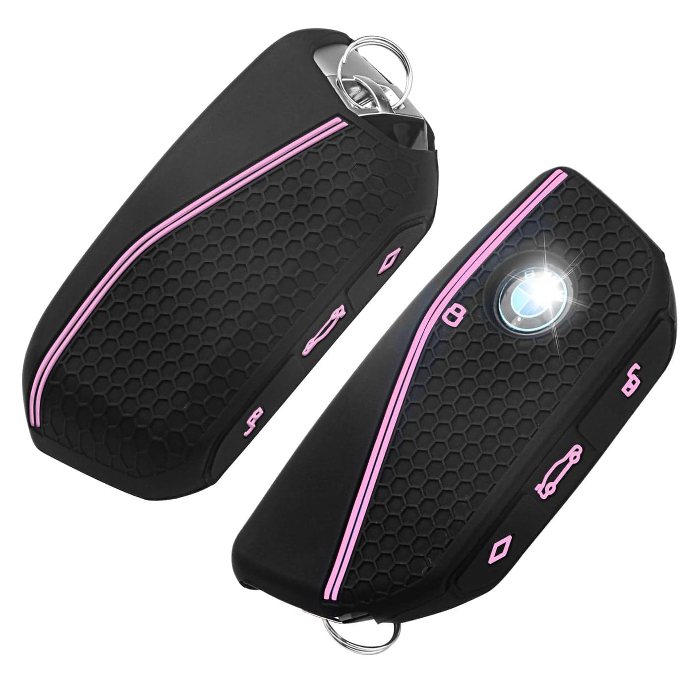 QBUC 2PCS for BMW Key Fob Cover Soft Silicone Key Case for BMW 2024 2023 2025 7 Series IX I5 M60 X5 X7 X6 IX I7 Car Key Protector with Rings 3 ButtonPink