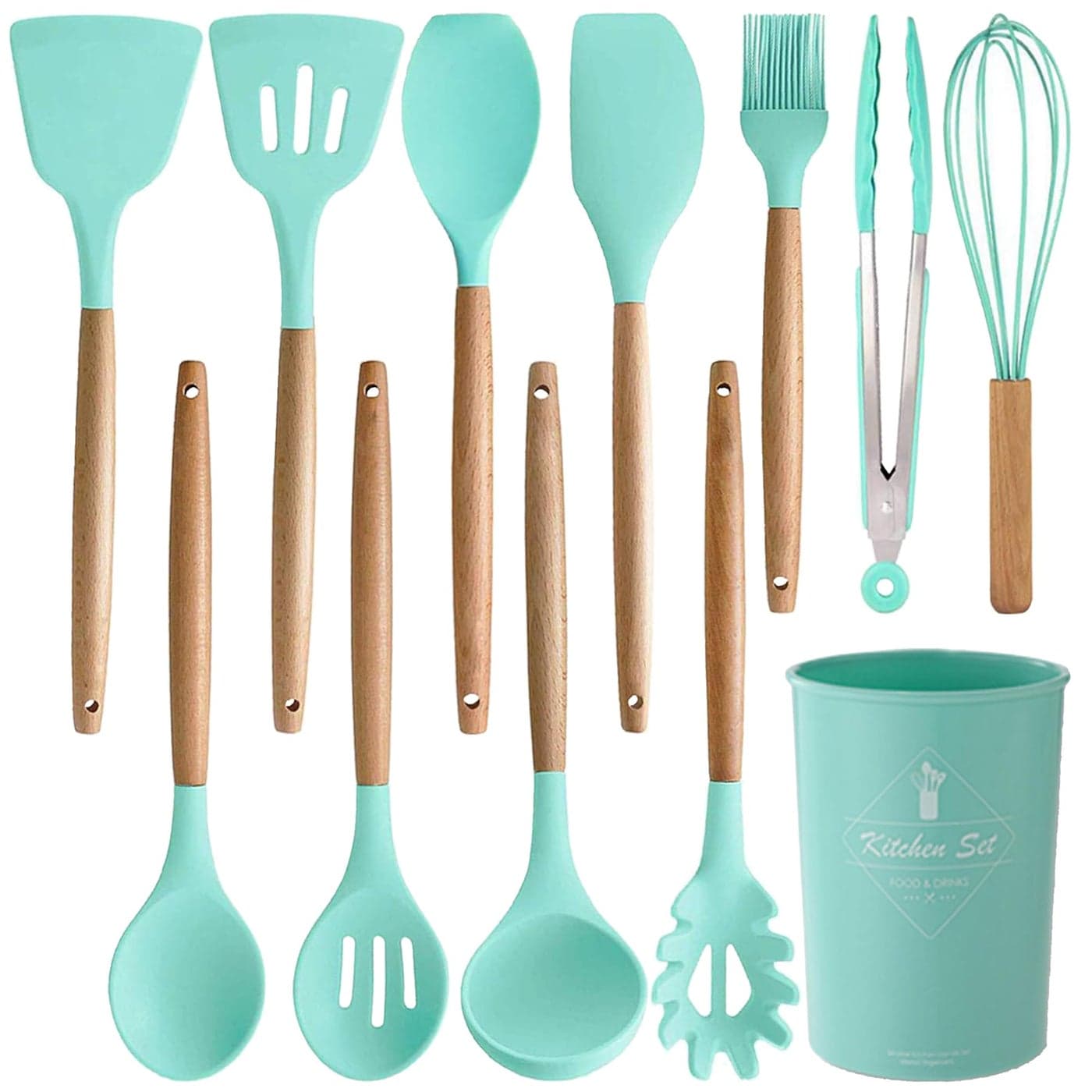 Keidason Silicone Kitchen Cooking Utensils Set12 pcs Nonstick Silicone Kitchen Utensils Set 446F Heat Resistant BPA Free Stirring cooking Set Spatula Turner Spoon Tongs WhiskDark Green