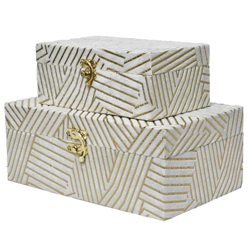 DECOR4SEASON Velvet Decorative Boxes Storage Accessory Organizer with Gold Stripe Set of 2, White