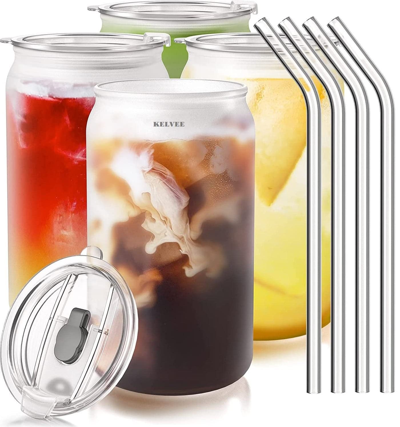 KELVEE Drinking Glasses with Lids and Glass Straw 1pcs Set 400ml Can Shaped Glass Cups Beer Glasses Iced Coffee Glasses Cute Tumbler Cup Ideal for Cocktail Whiskey Gift Tea 1