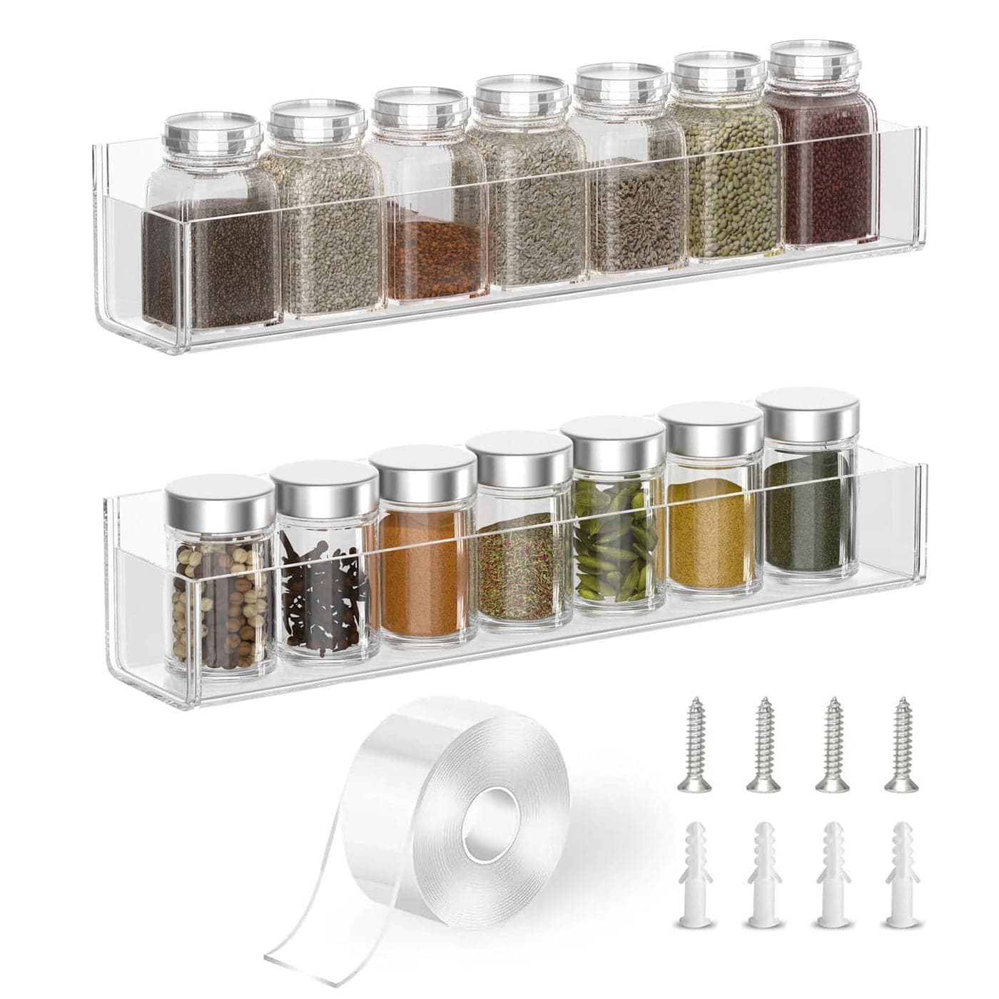 PMMASTO Adhesive Acrylic Spice Rack Organizer for Wall with Nano Double Sided Tape Spice Shelf Organization for Kitchen Cabinet DoorPantry Door Wall Mount Seasoning Rack Clear2 Pack