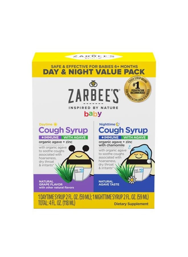 Baby Day & Night Cough Medicine & Syrup Value Pack with Organic Agave + Zinc for Immune Support, Natural Grape Daytime & Chamomile Nighttime, Baby Cough Medicine, 2 x 2 fl oz