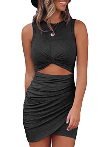 Acelitt Summer Dresses for Women 2025 Cut Out Twist Front Ruched Wrap Bodycon Mini Dress Beach Vacation Outfits Clothes Black