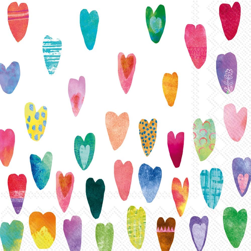 Boston International C844300 Boston International IHR 3Ply Cocktail Beverage Paper Napkins 5 x 5Inches Rainbow Hearts