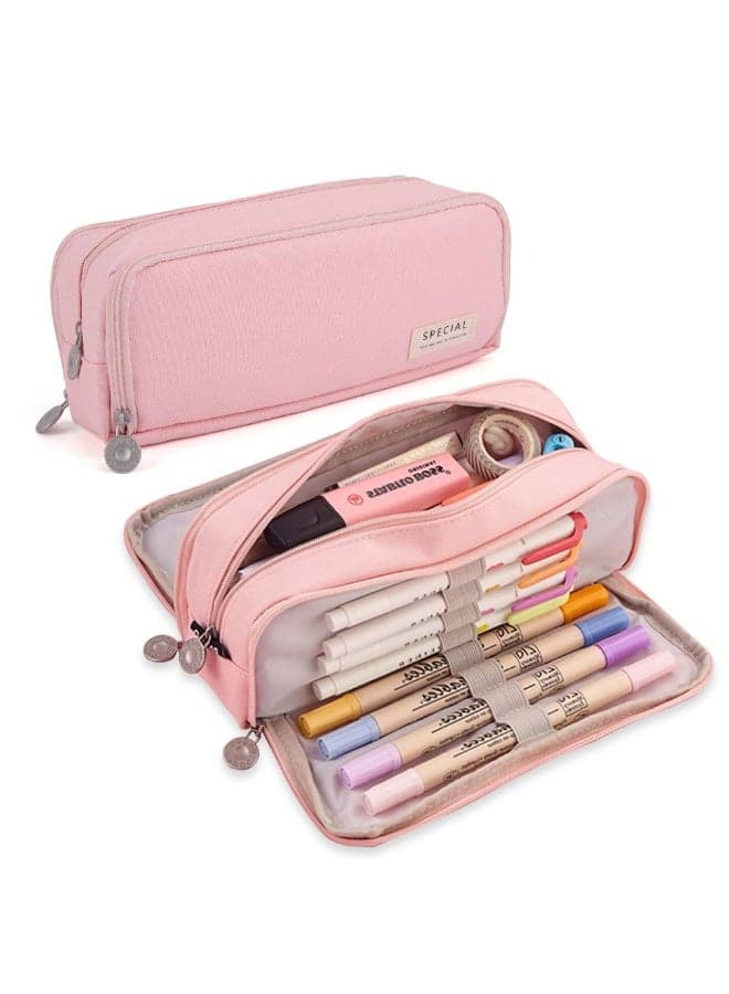 Pencil Case 3 Compartments Pencil Pouch Big Capacity Pencil Bag for Kids Teen Girls Boys Student School Supplies Oxford Organizer Pen Bag (Pink)