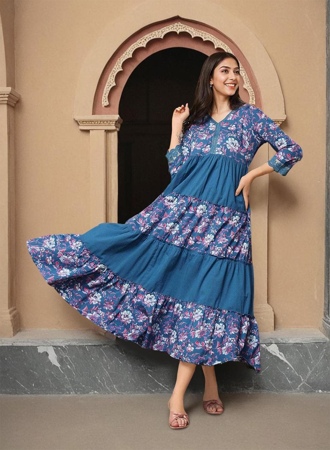 Women's Purple 100% Cotton Embellished Midi Smock Straight Fit Dress