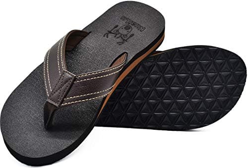 KuaiLu Men's Leather Flip Flops Arch Support Summer Beach Pool Water Thong Sandals Waterproof Rubber Walking Shoes Slip on Orthotic Casual Sport Cushioned Wide Slides Shower Slippers Brown Size 7