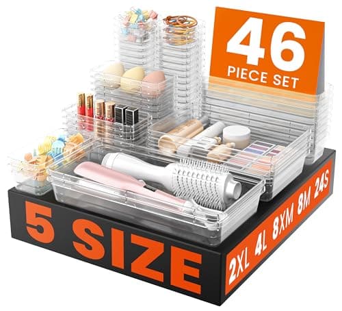 ALuGei 46PCS 5Sizes Clear Drawer OrganizerHold 277 Items Makeup Organizer Bathroom Organizers and Storage Organization and Storage Organizer Bins for Office Vanity Kitchen Tool Trays