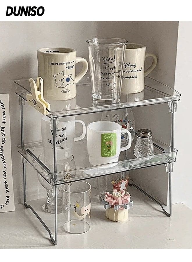 2 Pcs Kitchen Stackable Shelves, Cabinet Storage Organization, Storage Rack, Foldable Plasitc Storage Desk Shelf for Kitchen, Bedroom and Bathroom, Clear