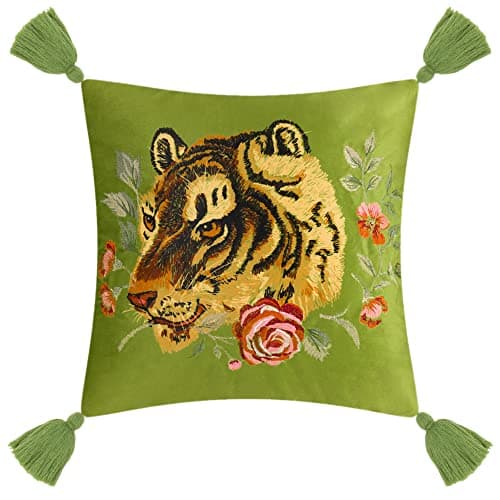 JWH Tiger Velvet Throw Pillow Cover Decorative Flower Emboidered Accent Pillow Case Print Cushion Yellow Floral Pillowcase for Bed Living Room Couch Bedroom 18x18 Inch Green Tassel