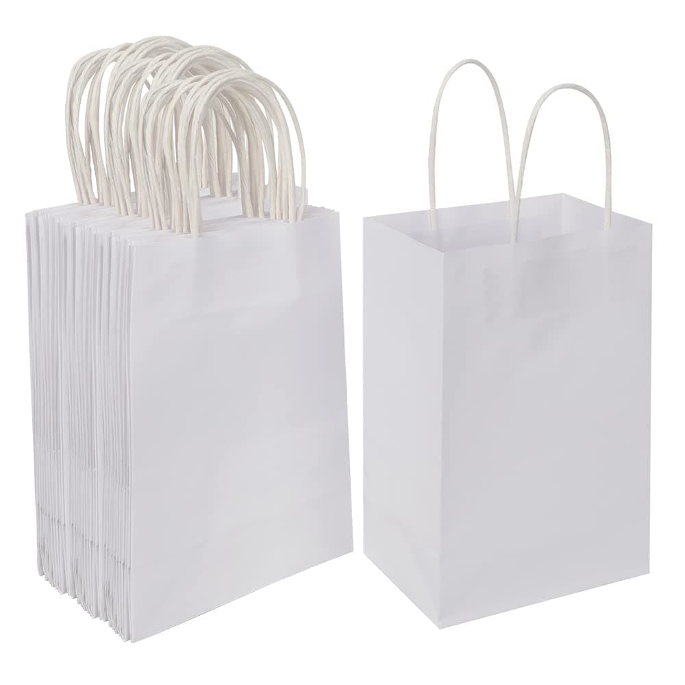 Oikss 50 Pack 525x325x825 Inch Small White Kraft Paper Bags with Handles Bulk for Birthday Wedding Party Favors Grocery Retail Shopping Business Goody Craft Gift Bags Cub Sacks 50 Count