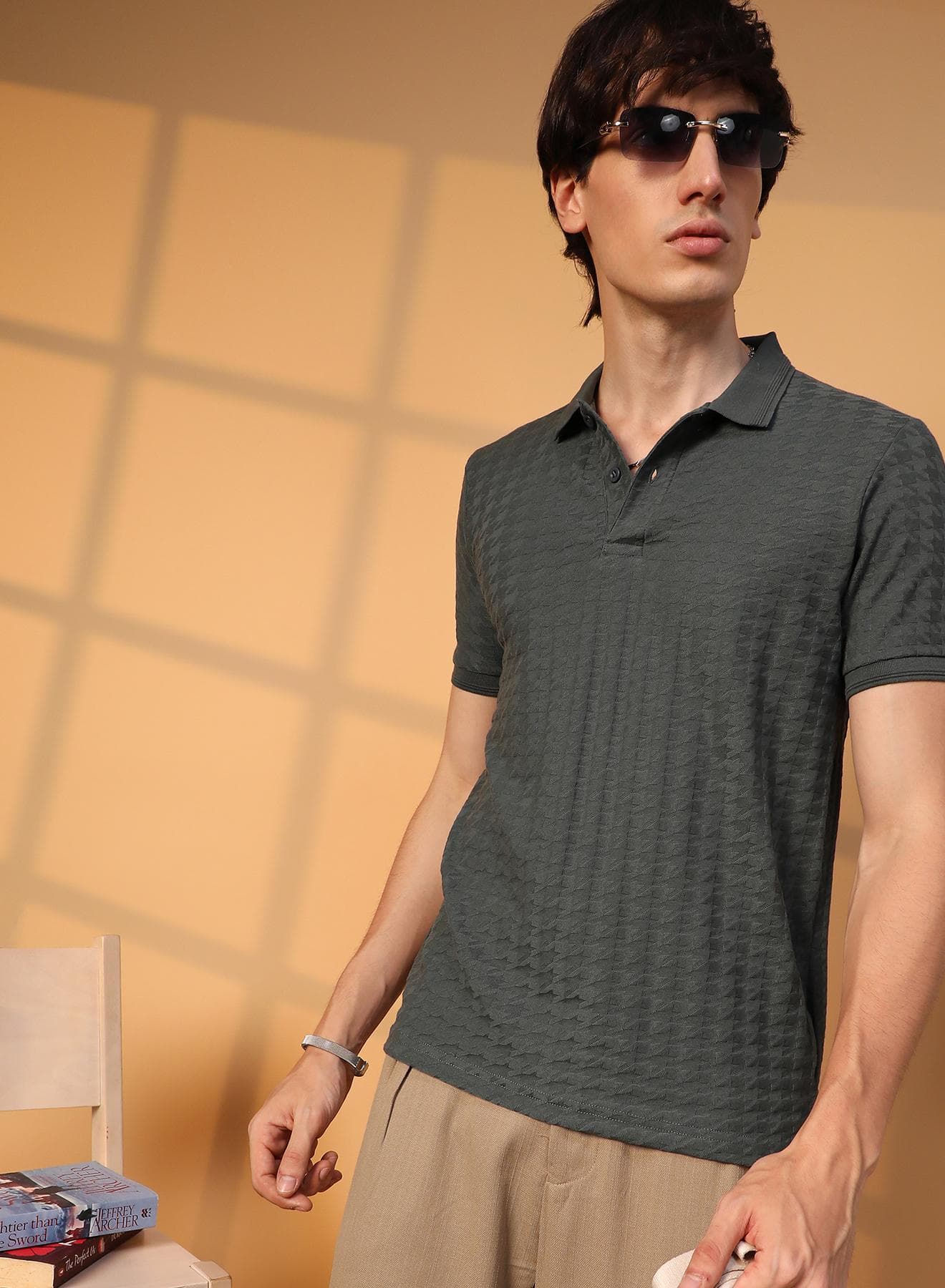 Men's Charcoal Grey Houndstooth-Textured Polo T-Shirt