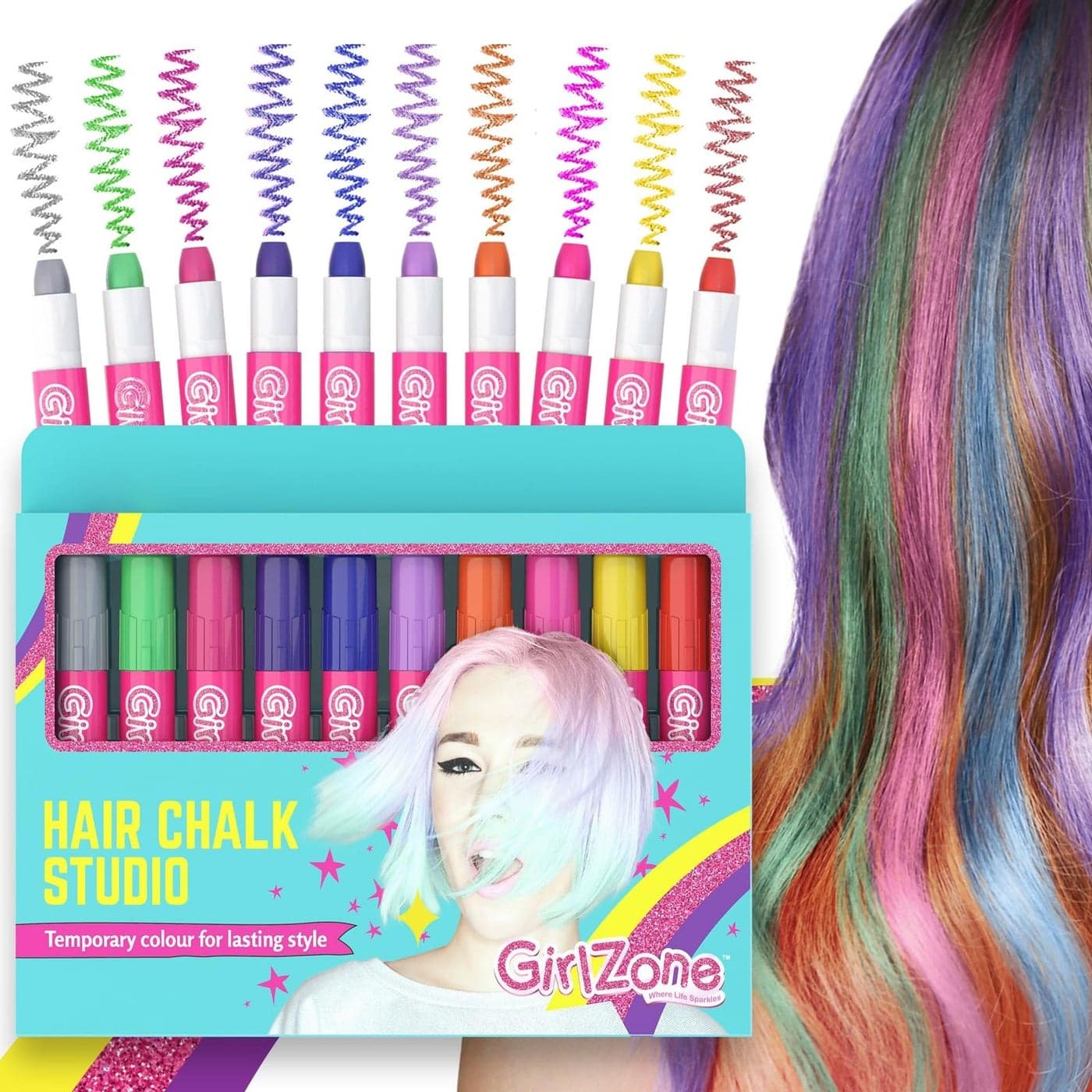 GirlZone Hair Chalks Set 10Piece Temporary Hair Chalk For Kids Easy to Apply and Remove Temporary Hair Color for Kids Dress Up Parties Role Play GiftReady Vibrant Girls Hair Chalk Set