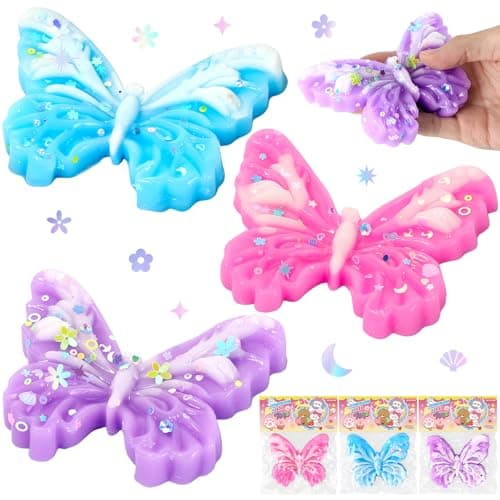 3Pack Glitter Butterfly Squishy Toy Kawaii Butterfly Fidget Sensory Toys Decompression Venting Toy Stress Relief Squishies Silicone Squeeze Gifts for Adult Birthday Party Favors Anxiety Relaxing