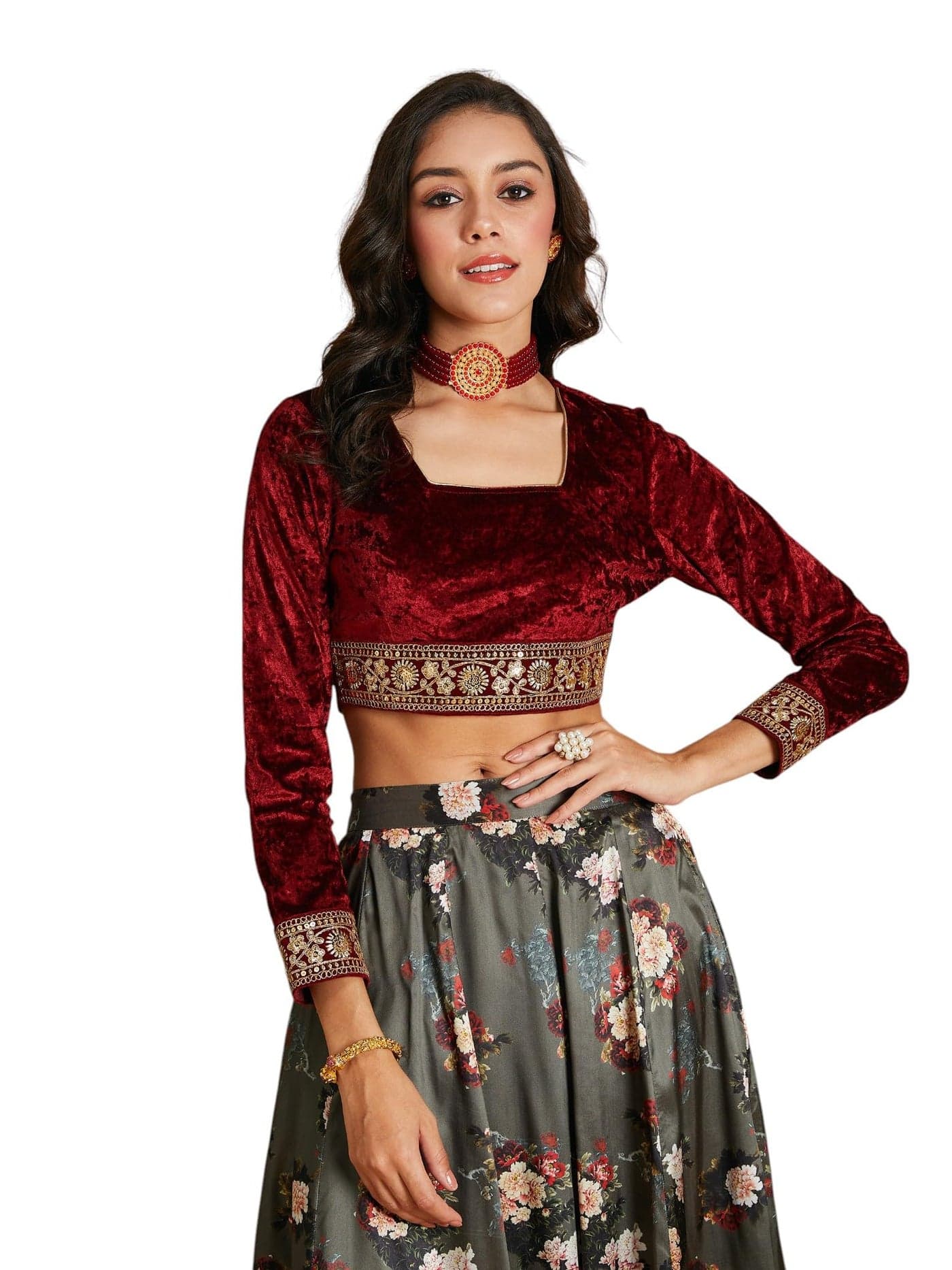 Maroon Velvet Embroidered Crop Top