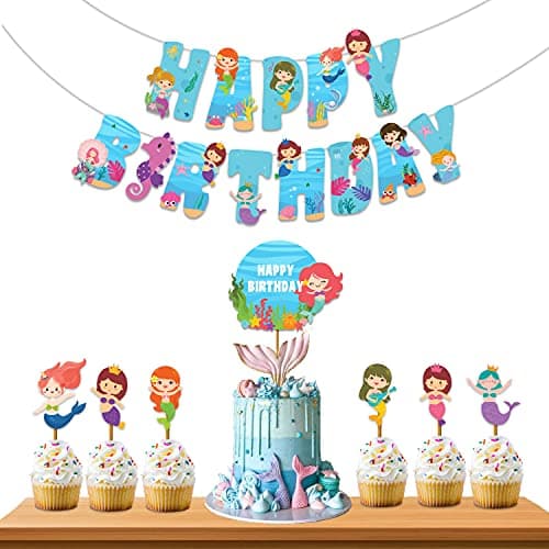Festiko® Mermaid Theme Happybirthday Theme Party Decoration Combo (8 Pcs), Mermaid Themes Party Favors for Kids Birthday Decoration(Banner/Bunting, Cake Toppers,Cup Cake Topper,Ribbons)
