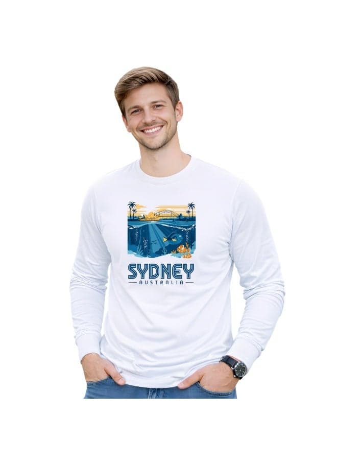 Australia Men’s Sweatshirt–White Cotton Full Sleeve With Sydney City&Ocean Print–Stylish & Comfortable Tee For Travel,Outdoor&Casual Wear — L