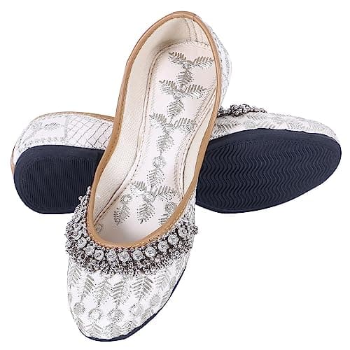 DFR Women Comfortable Cushioned Traditional Ethnic Rajasthani Embroidered with Payal Punjabi Style Mojari Jutti Fancy Bellies Shoe Woman Cream1, UK Size 6.5