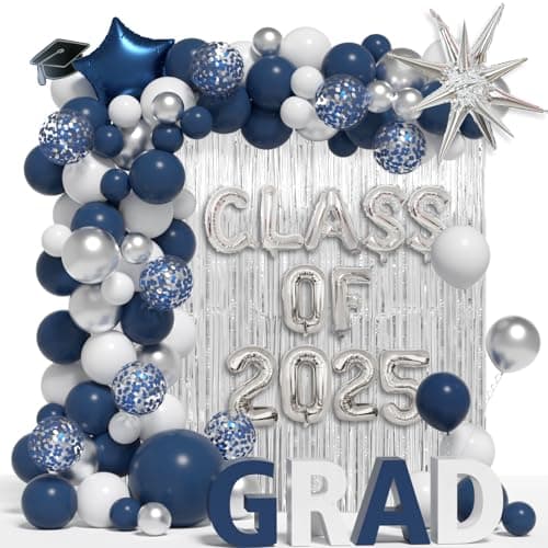 Graduation Balloon Garland Arch Kit Different Sizes 5 12 18In Navy Blue White and Silver Balloons for Graduation Party Decorations with Class of 2025 Foil Balloon & 78 Inch Fringe Curtains Backdrop