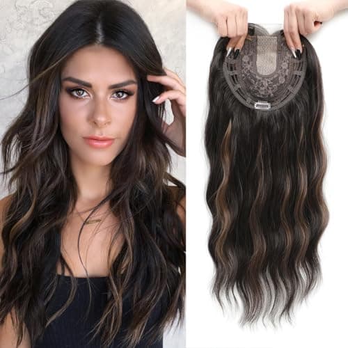 PANEWAY Wavy Curly Hair Topper 20inch Long Natural Brown With Highlights Clip In Synthetic Wiglets