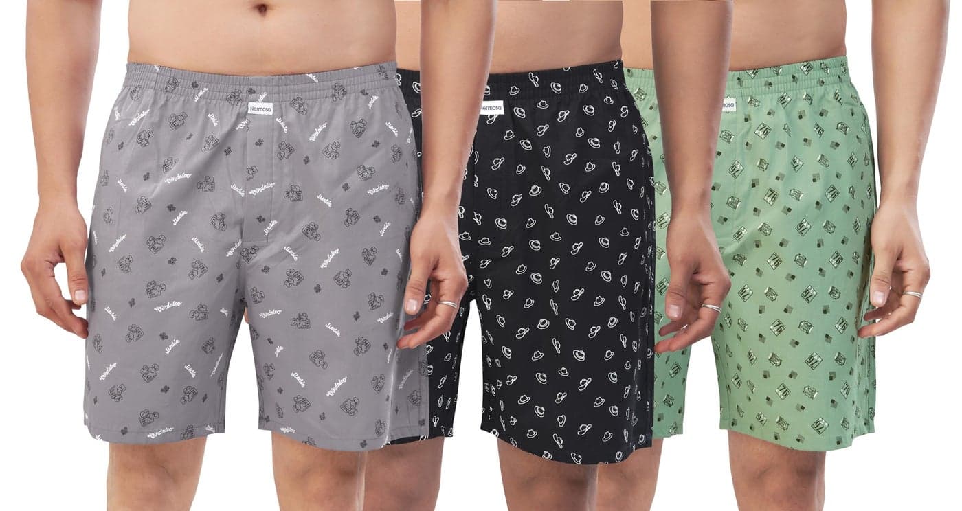 Nermosa Men's Pure Cotton Printed Boxer Shorts – Soft, Breathable, All-Day Comfort (Pack of 3) | Boxers | (in, Alpha, 2XL, Plus, Multicolor10)