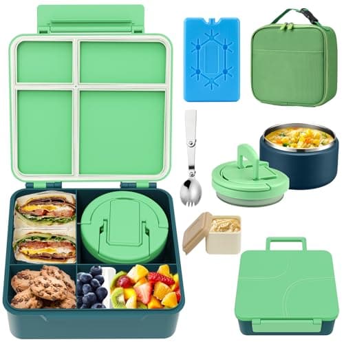 MAXSO Bento Lunch Box Set with 8 oz Soup Thermo, Kids Leakproof 4 Compartments Hot Food Container with Sauce Cup, Ice Pack and Lunch Bag, Child Insulated Food Jar for School - Green