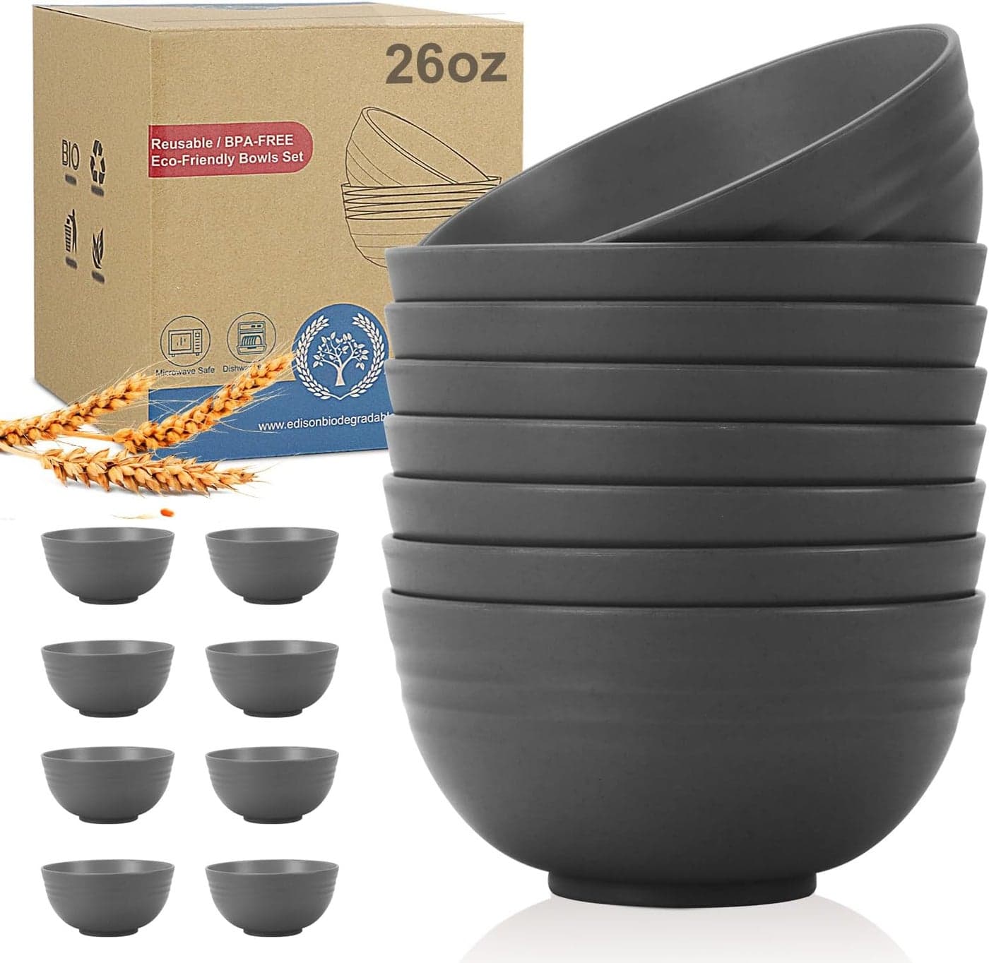 Wheat Straw Bowl Sets for Camping8 PCS Unbreakable Cereal Bowls 26 OZMicrowave and Dishwasher Safe BowlsKids Bowl suitable for cerealsaladsnack and soup Deep Grey