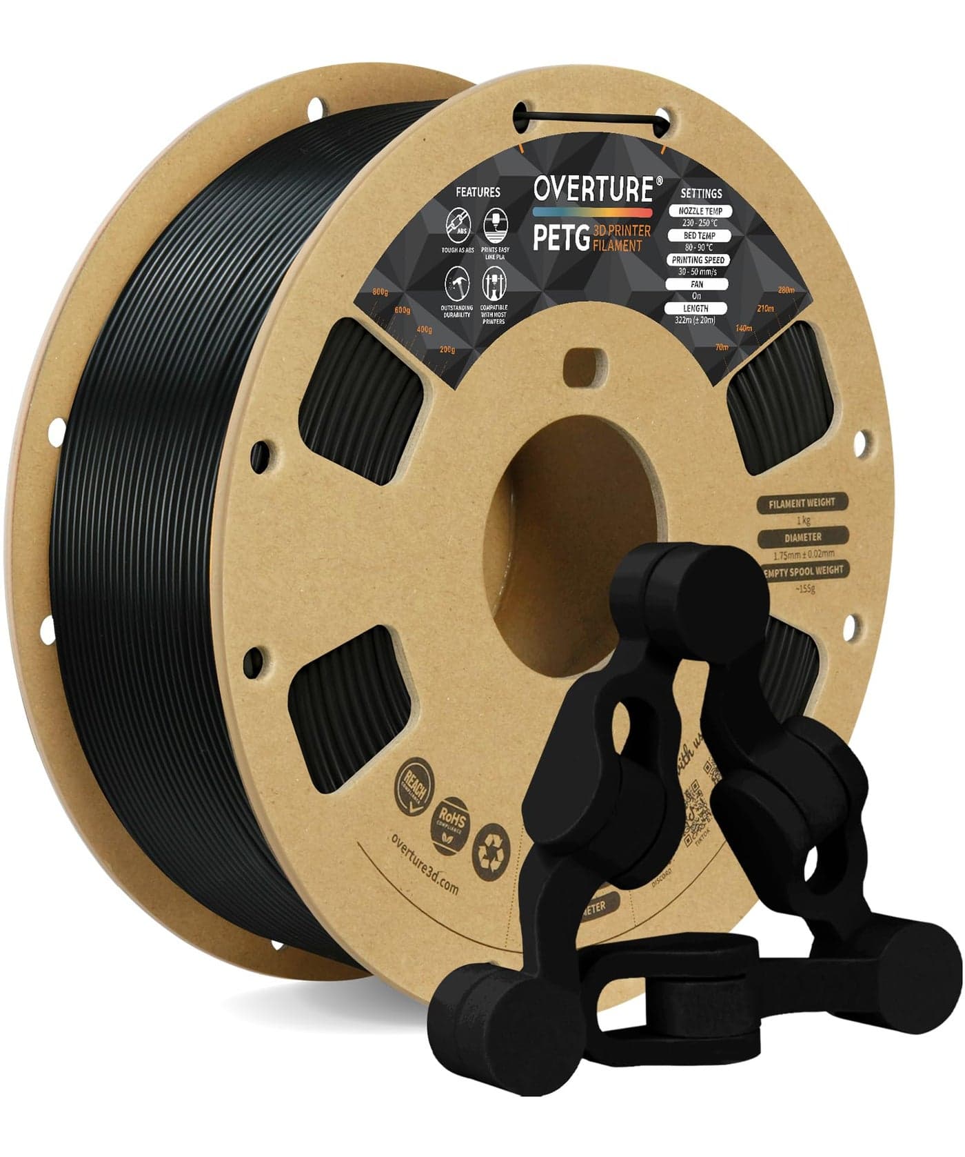OVERTURE PETG 3D Printer Filament 175mm Neatly Wound Durable PETG 1kg Spool 22lbs Strong Toughness Filament Dimensional Accuracy 002mm Fit Most FDM Printers Black 1Pack