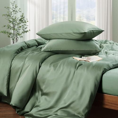 Horbaunal Tencel Lyocell Duvet Cover Queen Size 3 Piece - Sage Green Silky Cooling Duvet Cover Set for Hot Sleeper - Natural Eucalyptus Lyocell Fiber - Breathable & Ultra-Soft Bedding Set - 90" x 90"